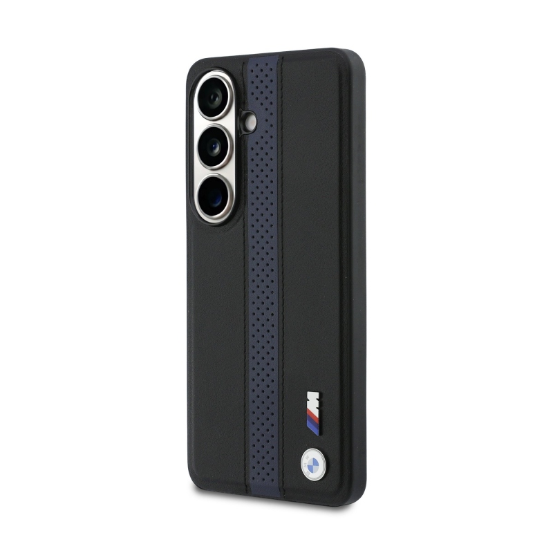 BMW M PU bőr perforált csíkok és fém logó mágneses hátlap Samsung Galaxy S26 kék