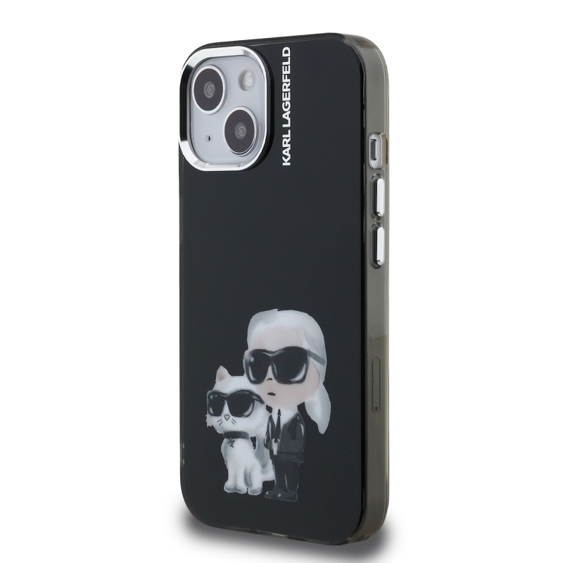 Karl Lagerfeld IML Aquarelle Karl és Choupette hátlapi borító iPhone 15 készülékhez Fekete