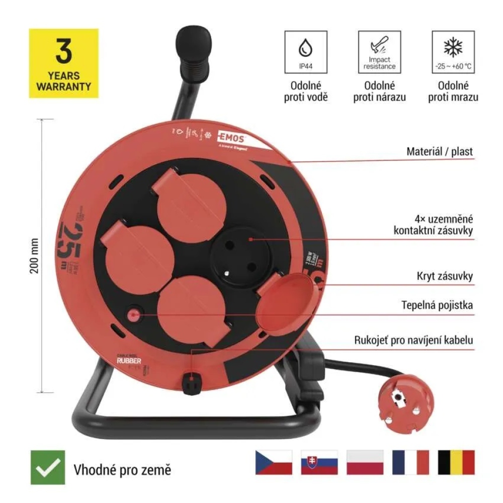 Kültéri hosszabbító kábel dobon 25 m / 4 aljzat / gumi / 230 V / 1,0 mm2 / IP44