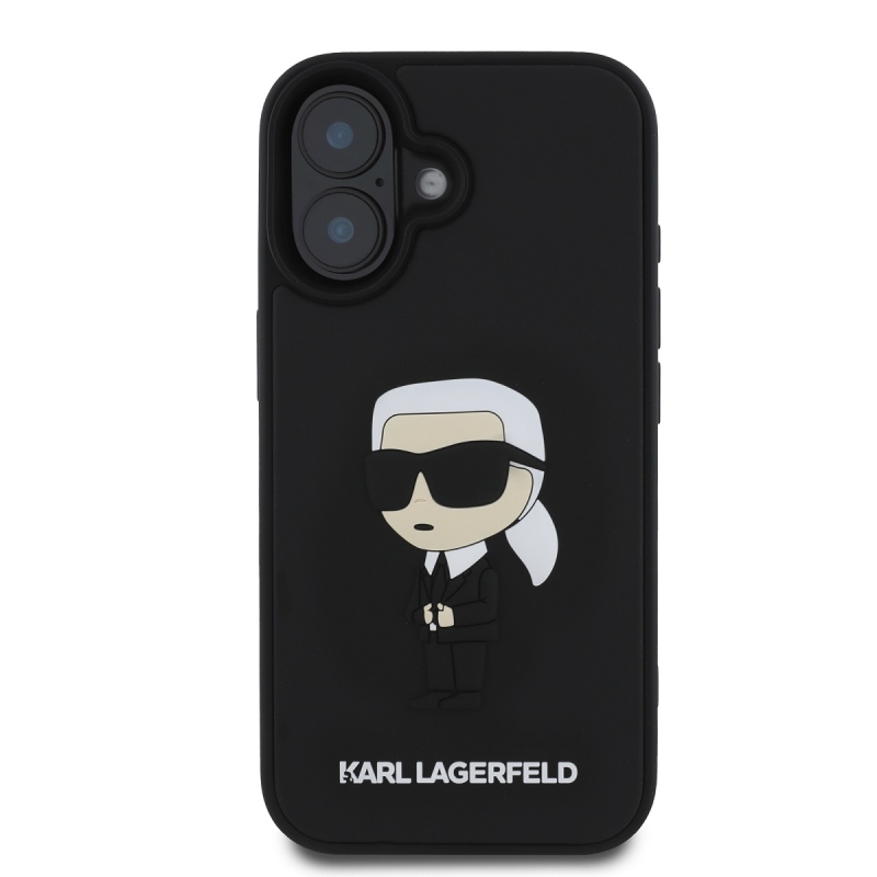 Karl Lagerfeld 3D gumi Ikonik hátlap iPhone 16-hoz Fekete