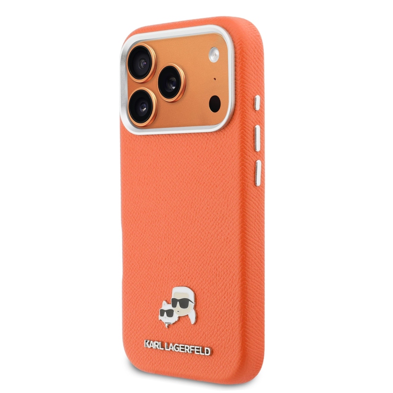 Karl Lagerfeld PU Karl és Choupette fejek tűk MagSafe hátlap iPhone 17 Pro narancssárga borítóhoz