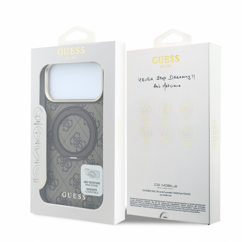Guess PU 4G Ring Stand MagSafe hátsó tok iPhone 18 Pro Max-hoz, barna