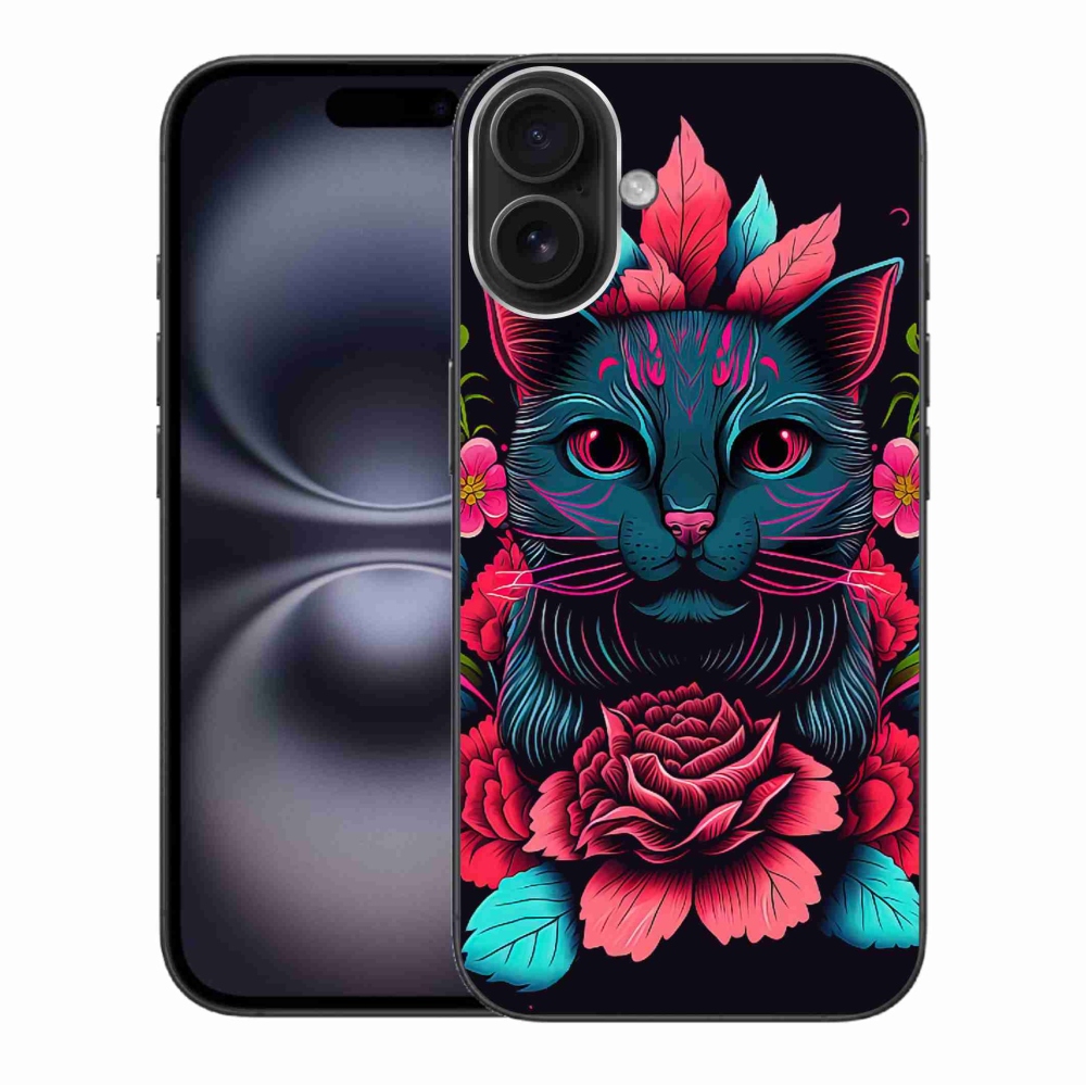 Gél borítás mmCase iPhone 16 Plus készülékhez - virágok és macska