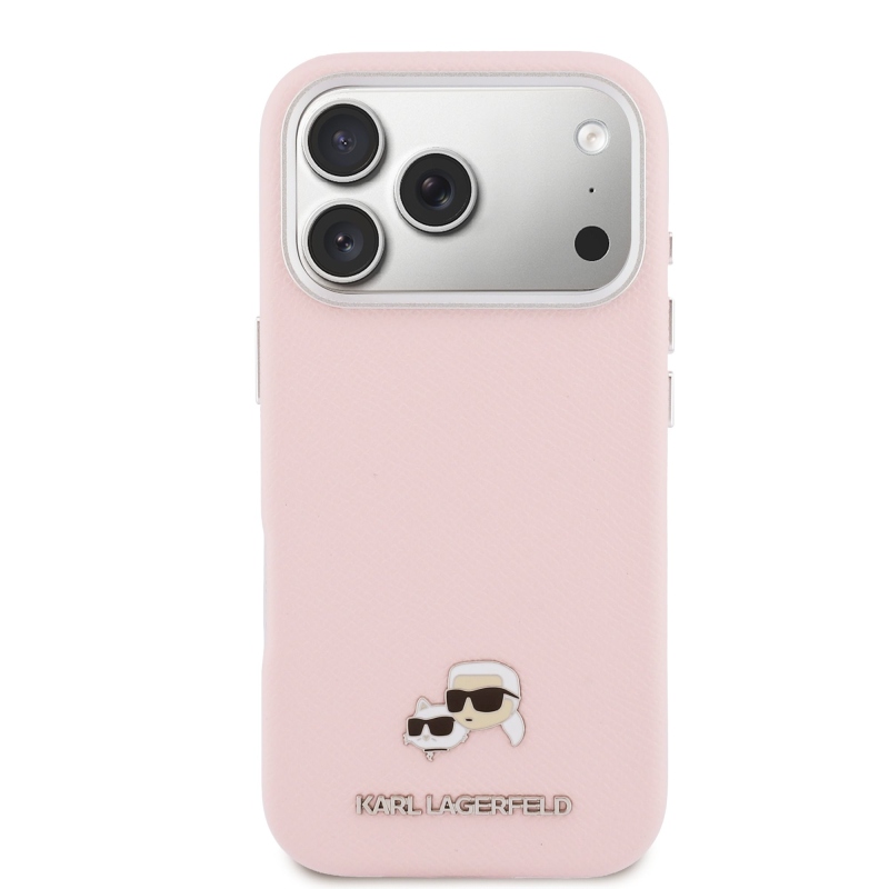 Karl Lagerfeld PU Karl és Choupette fejek tűk MagSafe hátlap iPhone 17 Pro rózsaszínű borítóhoz