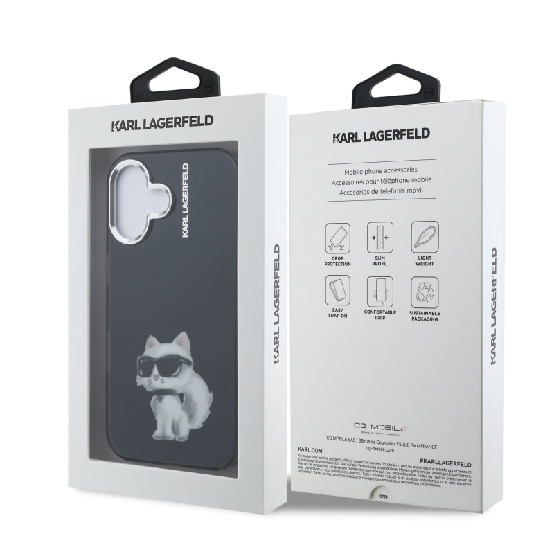 Karl Lagerfeld IML Aquarelle Choupette hátlapi borító iPhone 16-hoz Fekete