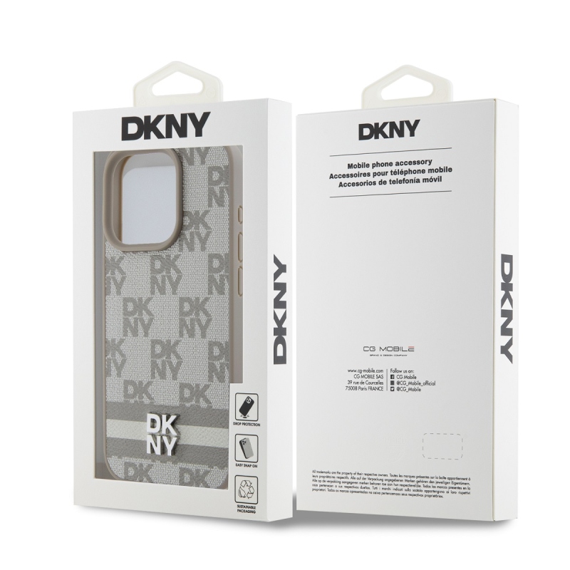 DKNY PU bőr kockás mintás és csíkos hátlapi borító iPhone 15 Pro bézs színű készülékhez