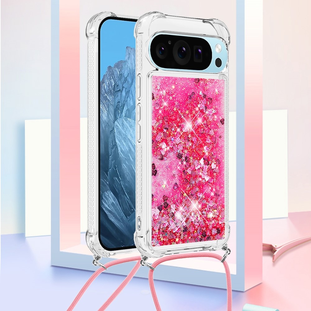 Csillogó homokóra zselés tok húzózsinórral Google Pixel 10 Pro/Pixel 10 - rózsaszín/szív