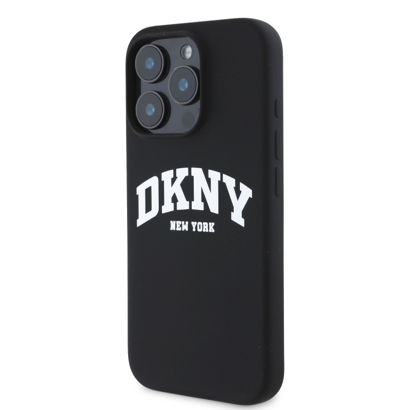 DKNY Liquid Silicone Arch Logo MagSafe hátlapi borító iPhone 16 Pro-hoz Fekete
