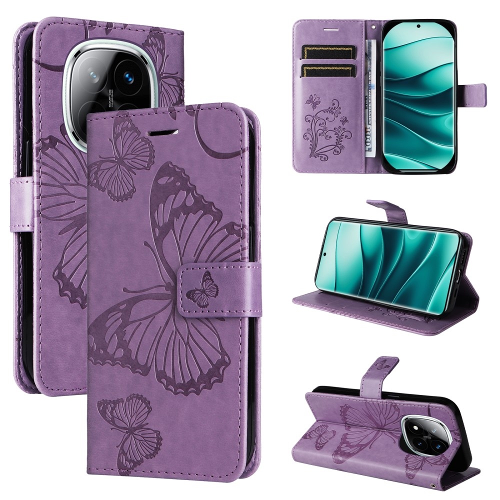 Nagy pillangó könyv tok a Xiaomi Redmi Note 14 Pro 5G/Poco X7 5G/Note 14 Pro+ 5G számára - lila