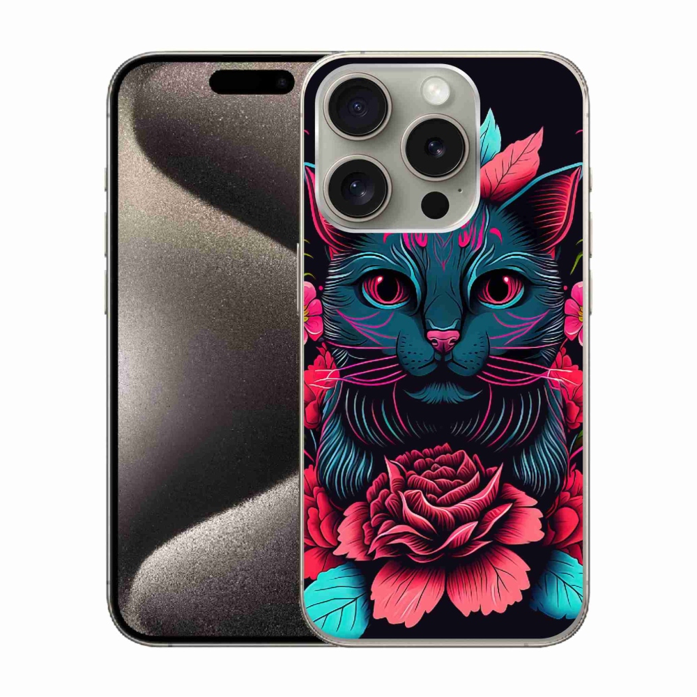Gél borítás mmCase iPhone 15 Pro készülékhez - virágok és macska