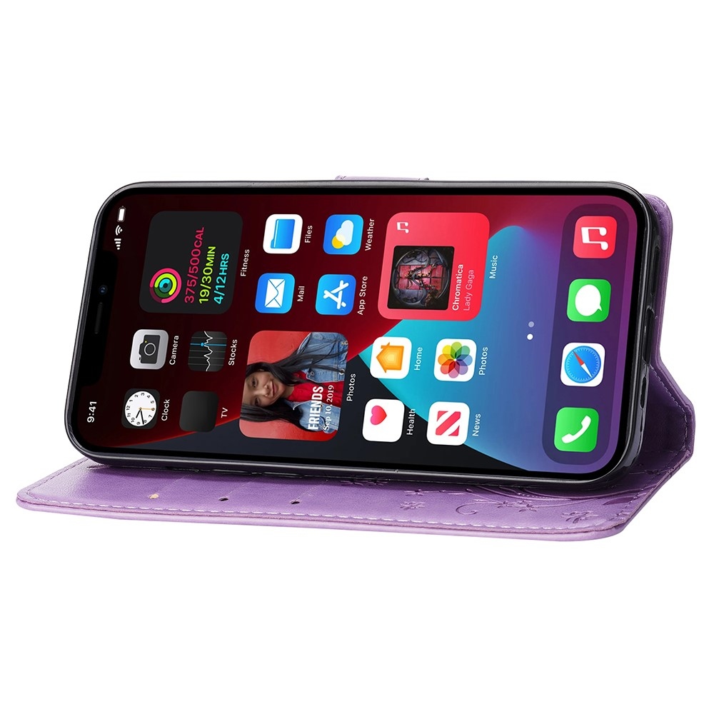 Virágok könyvtáska iPhone 15 Pro készülékhez - világos lila