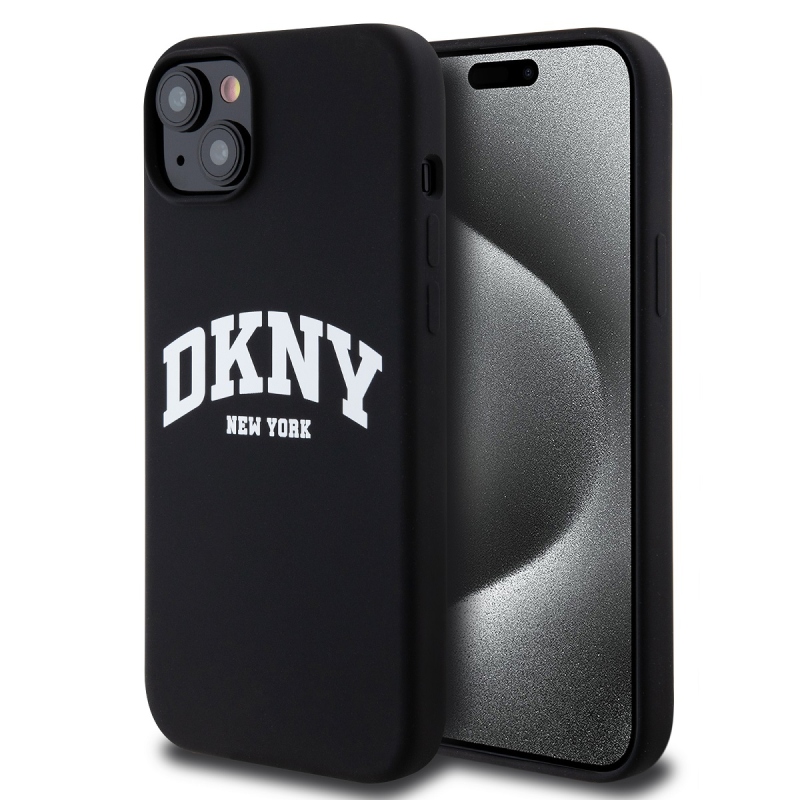 DKNY Liquid Silicone Arch Logo MagSafe hátlapi borító iPhone 15 Plus-hoz Fekete