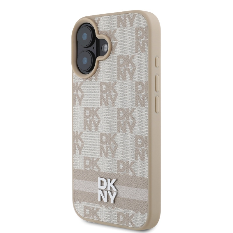 DKNY PU bőr kockás mintás és csíkos hátlapi borító iPhone 16 rózsaszínhez