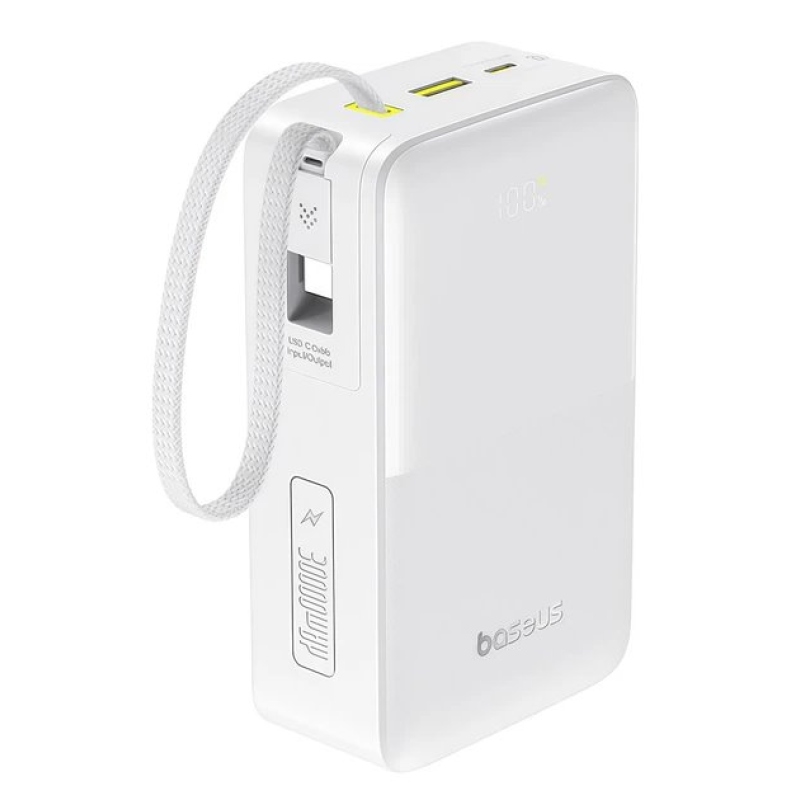 Baseus EnerFill FC51 Bipow 2 Pro 22,5 W-os powerbank beépített kábellel, 30 000 mAh, Moon White