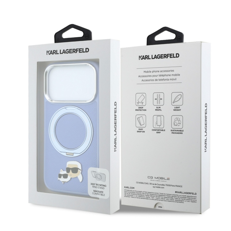 Karl Lagerfeld PU Grained K&CH Heads Ring Stand Magsafe hátsó tok iPhone 18 Pro-hoz, kék