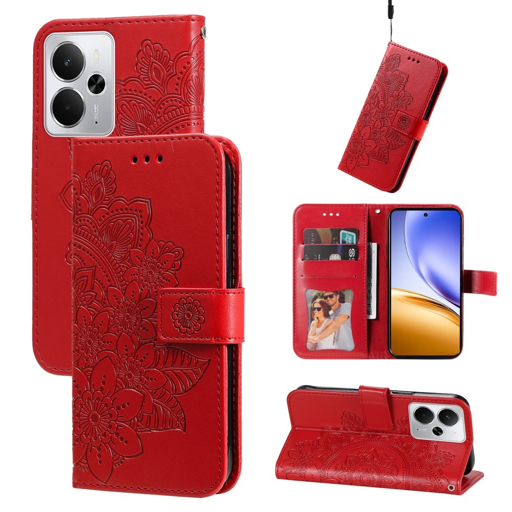 Virágos könyvtáska a Realme 14 5G készülékhez - piros