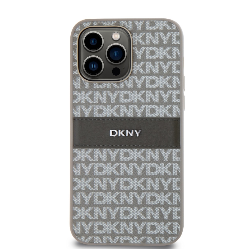 DKNY PU bőr ismétlődő mintás tonális csíkos hátlapi borító iPhone 15 Pro Max bézs színűhöz