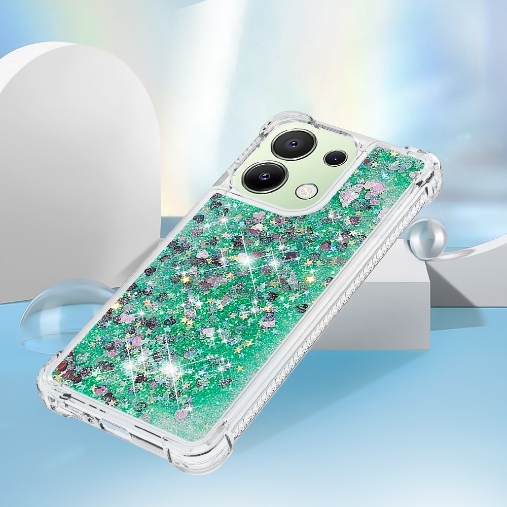 Glitter zselés homokóra tok Xiaomi Redmi Note 13-hoz - zöld/szívek