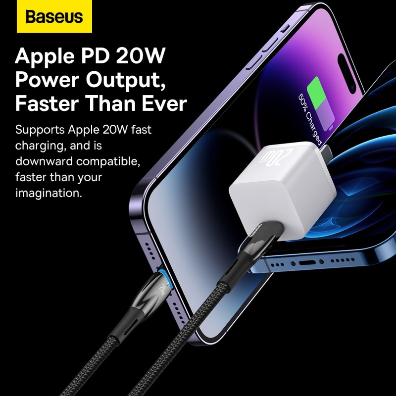 Baseus Glimmer sorozatú gyors töltő adatkábel USB-C - világítás 20W 2m Fekete