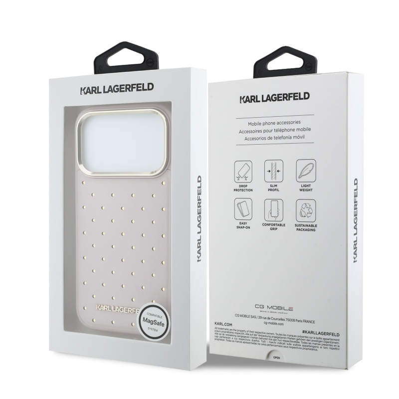 Karl Lagerfeld PU perforált arany pöttyös MagSafe hátlap az iPhone 17 Pro-hoz, rózsaszín