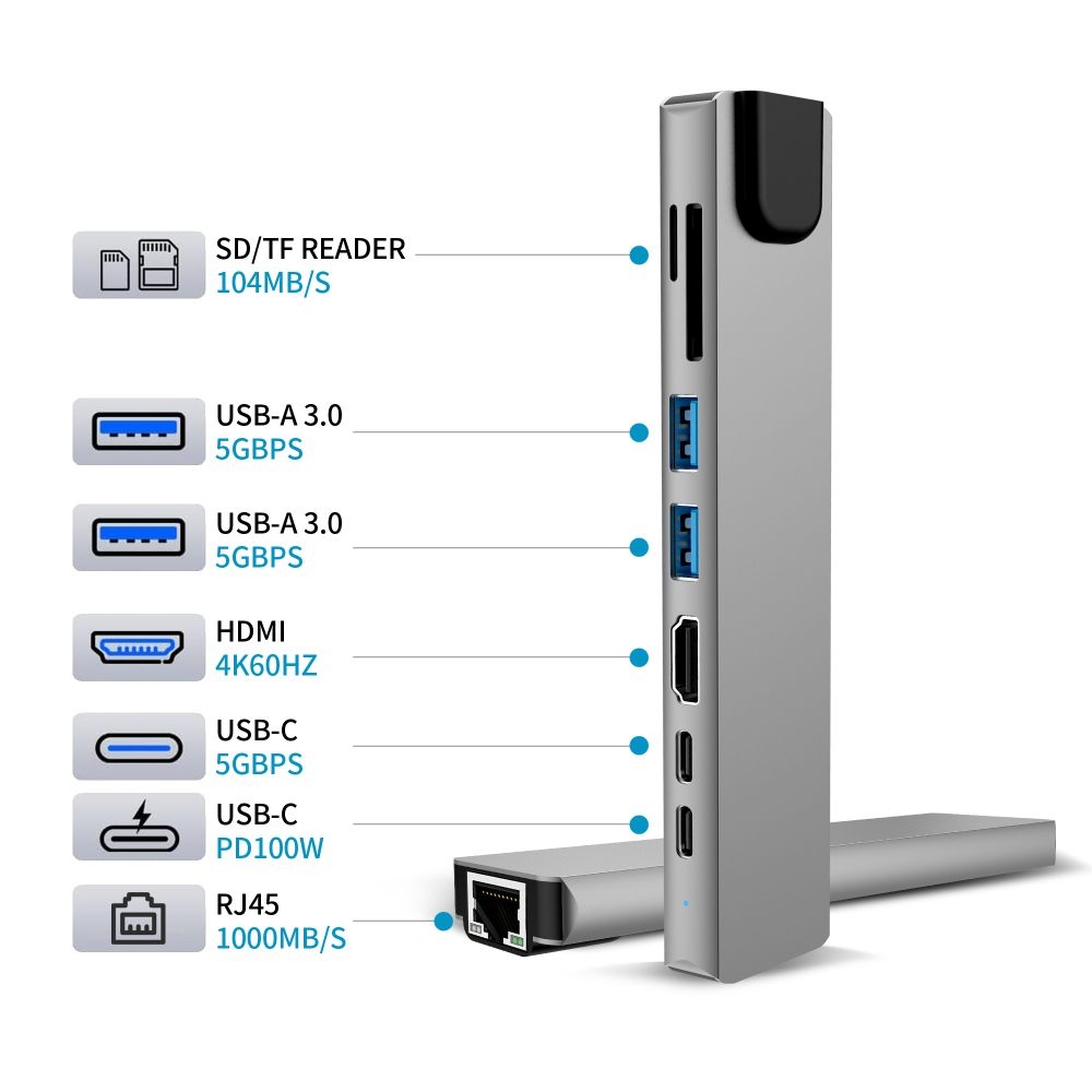 Tech-Protect HB09 USB-C adapter 8 az 1-ben HDMI, USB, RJ45 és kártyaolvasóval