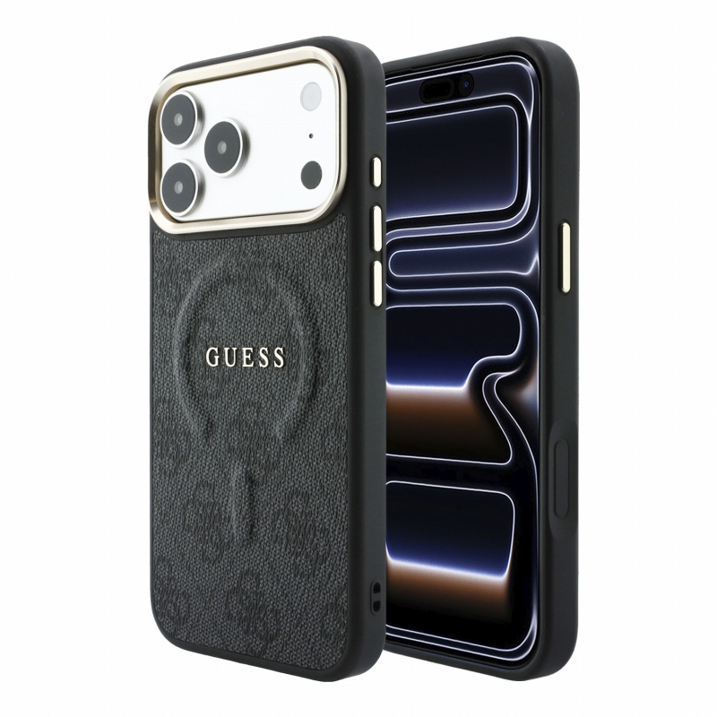 Guess PU bőr 4G aranykeretes, dombornyomott MagSafe hátsó tok iPhone 18 Pro-hoz, fekete