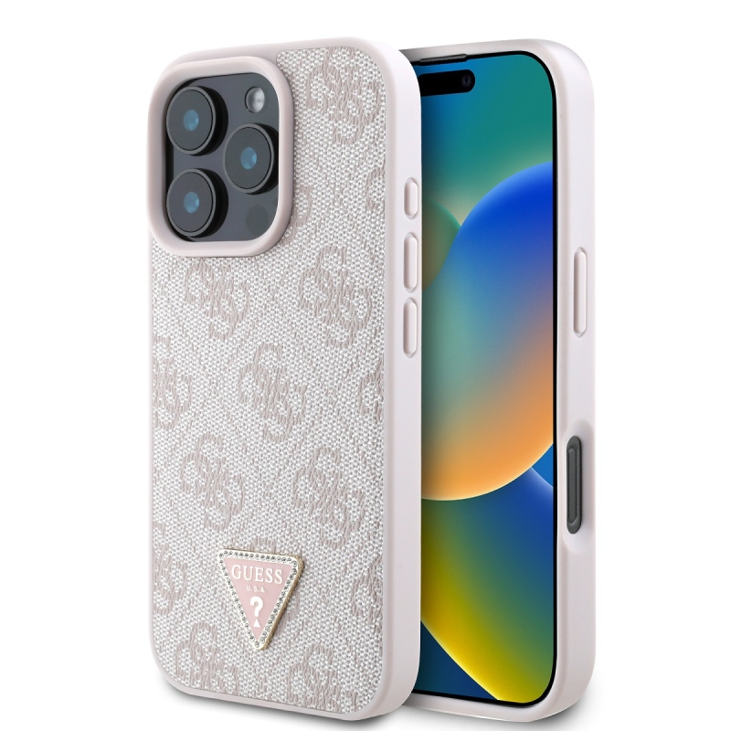 Guess PU 4G Strass háromszög fém logó hátlap iPhone 16 Pro rózsaszínhez