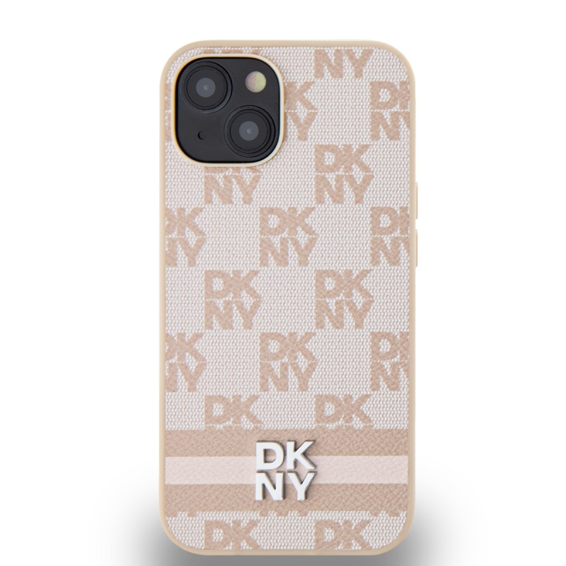 DKNY PU bőr kockás mintás és csíkos hátlapi borító iPhone 13 rózsaszínhez