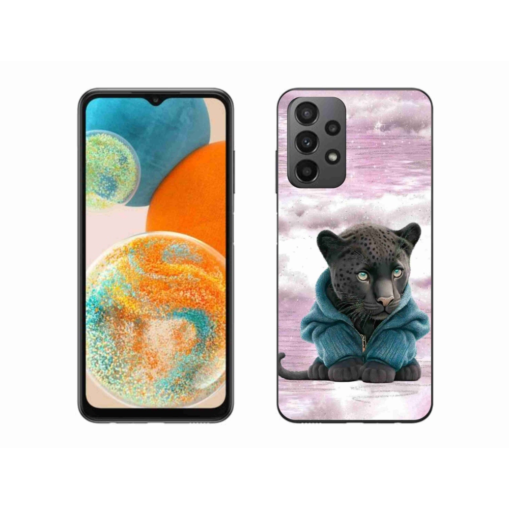 Zselés borítás mmCase Samsung Galaxy A23 4G/5G készülékhez - fekete párduc pulóverben