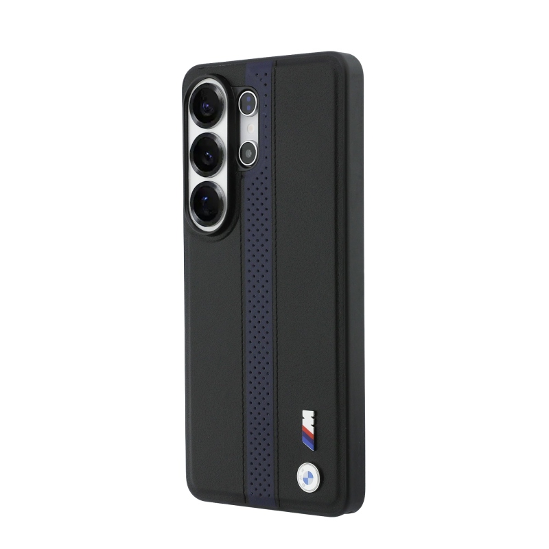 BMW M PU bőr perforált csíkok és fém logó mágneses hátlap Samsung Galaxy S26 Ultra Blue számára