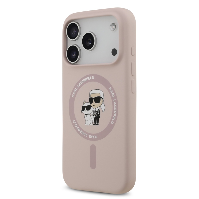 Karl Lagerfeld folyékony szilikon Karl és Choupette MagSafe hátlapi borító iPhone 17 Pro rózsaszínhez
