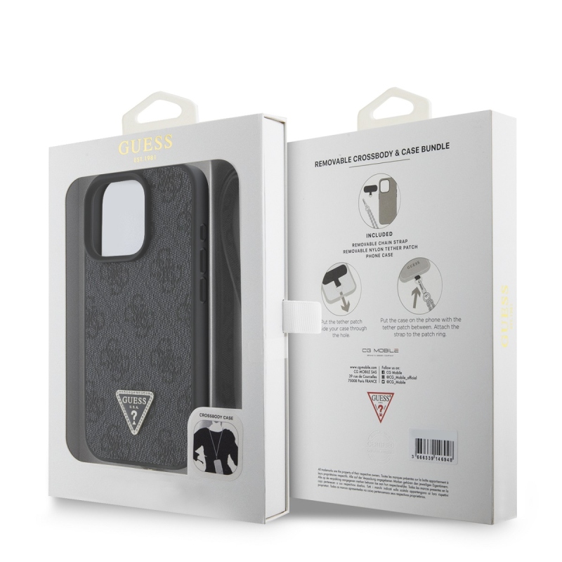 Guess PU 4G Strass háromszög fém logó hátlap + keresztpánt iPhone 16 Pro fekete színűre