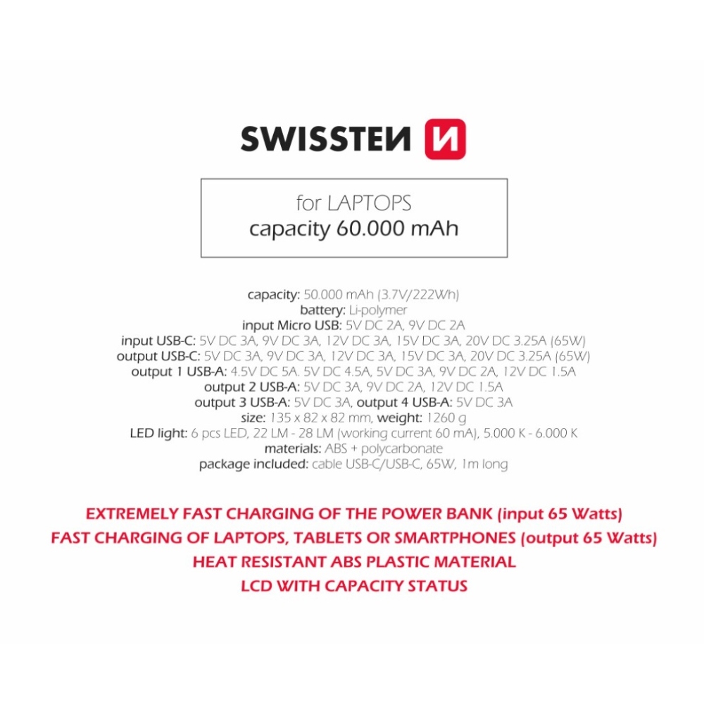 Swissten Powerbank POWER LINE 65W 60000mAh
