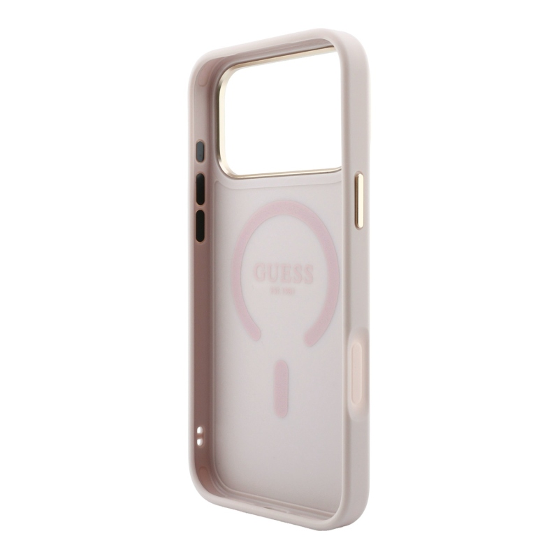 Guess PU bőr 4G aranykeretes, dombornyomott MagSafe hátsó tok iPhone 18 Pro-hoz, rózsaszín