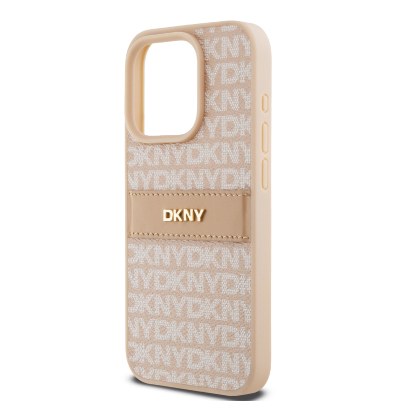 DKNY PU bőr ismétlődő mintás tonális csíkos hátlapi borító iPhone 15 Pro rózsaszínhez