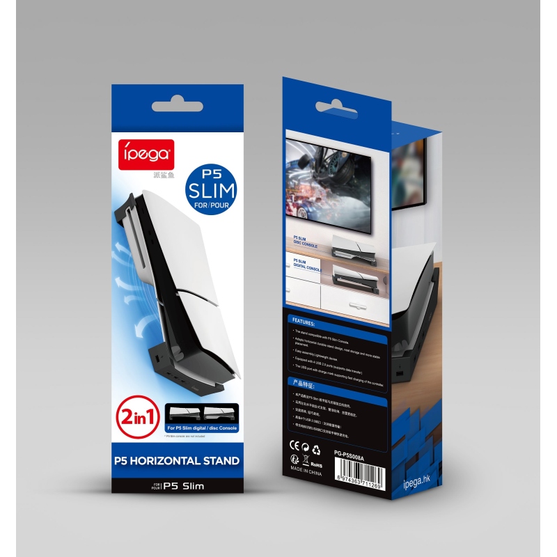 iPega P5S008 Vízszintes állvány USB HUB-bal PS5 Slimhez Fekete