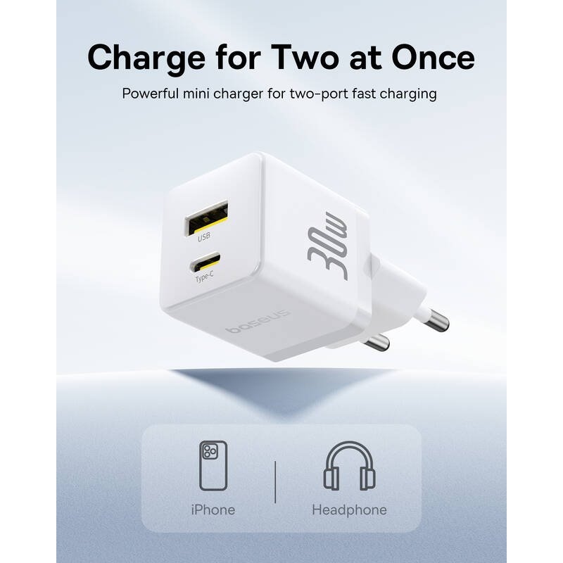 Baseus Palm gyors töltő USB-A + USB-C 30W Fehér