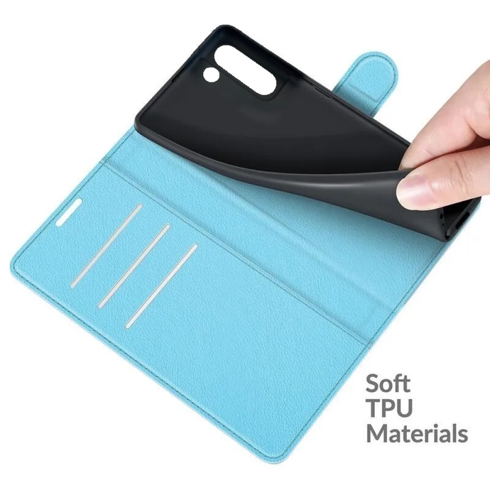 Litchi PU bőr pénztárca tok Samsung Galaxy S21 FE 5G számára - kék