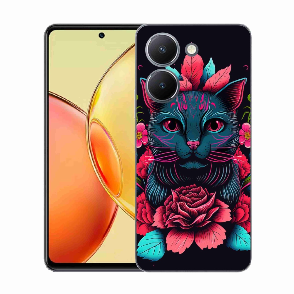 Zselés borító mmCase a Vivo Y36-hoz - virágok és macska