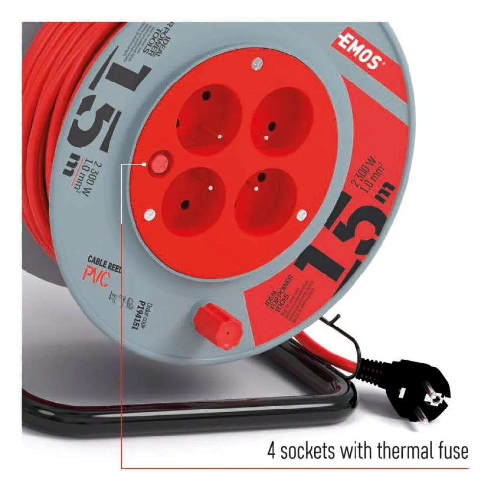 Hosszabbító kábel dobon 15 m / 4 aljzat / piros / PVC / 230 V / 1 mm2