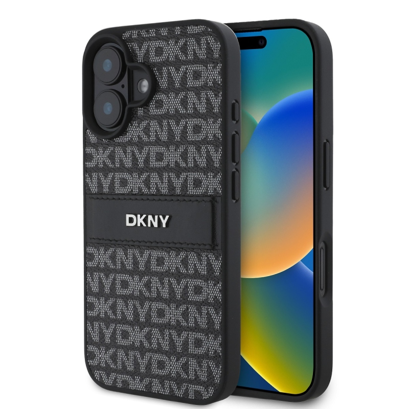 DKNY PU bőr ismétlődő mintás tonális csíkos hátlap iPhone 16 Plus-hoz Fekete