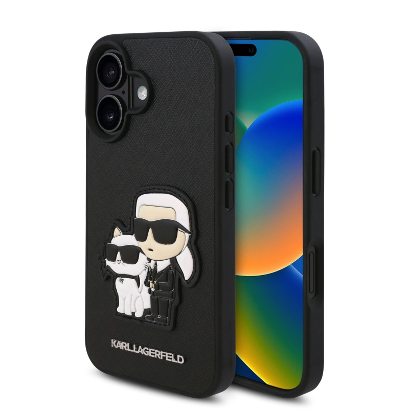 Karl Lagerfeld PU Saffiano Karl és Choupette hátlapi borító iPhone 16-hoz Fekete