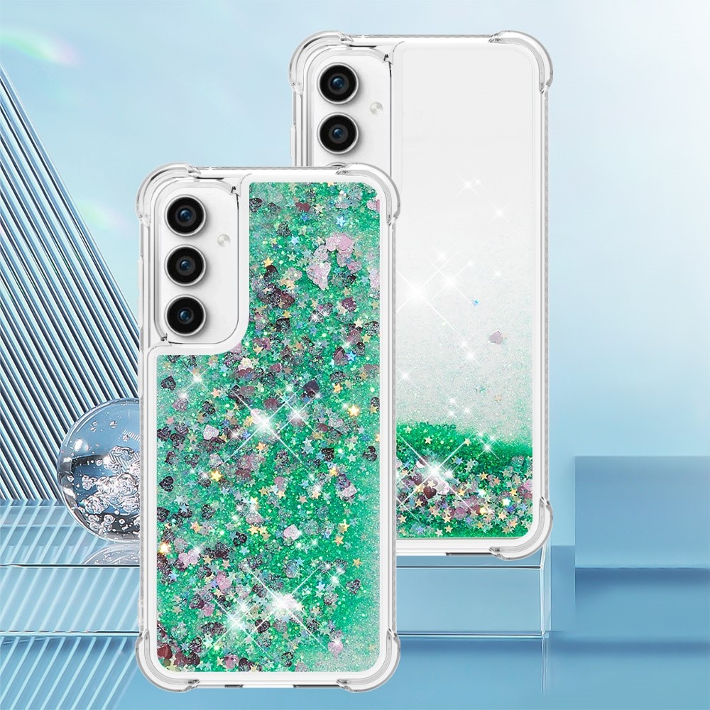 Glitter zselés homokóra hüvely Samsung Galaxy S23 FE készülékhez - zöld/szívek