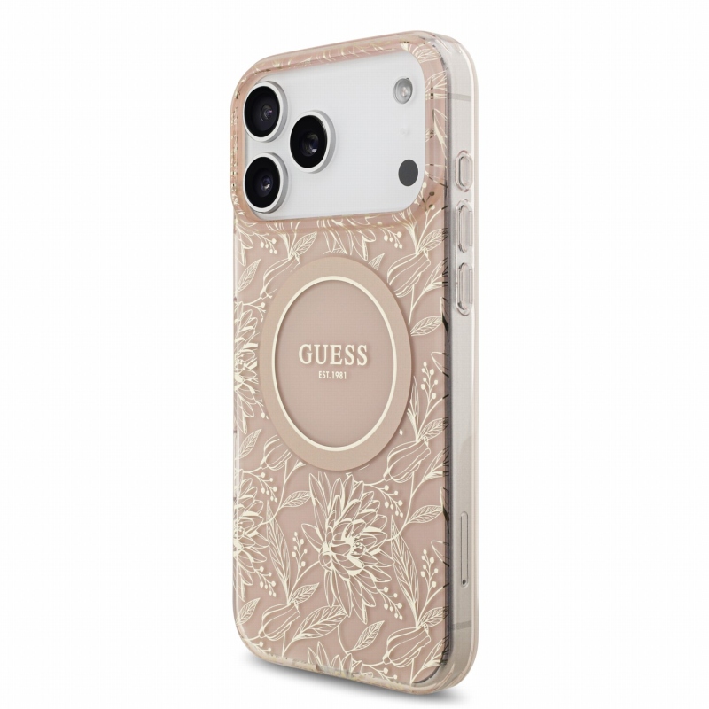Guess IML Flowers Allover Strap MagSafe hátsó tok iPhone 18 Pro Max-hoz, rózsaszín