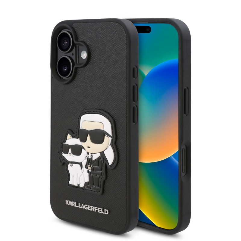 Karl Lagerfeld PU Saffiano Karl és Choupette hátlap iPhone 16 Plus készülékhez Fekete