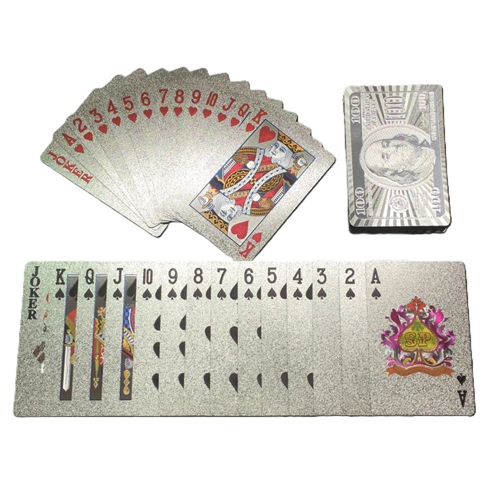 Vízálló műanyag játékkártyák 100 dollárért, ezüst kivitelben, 54 db