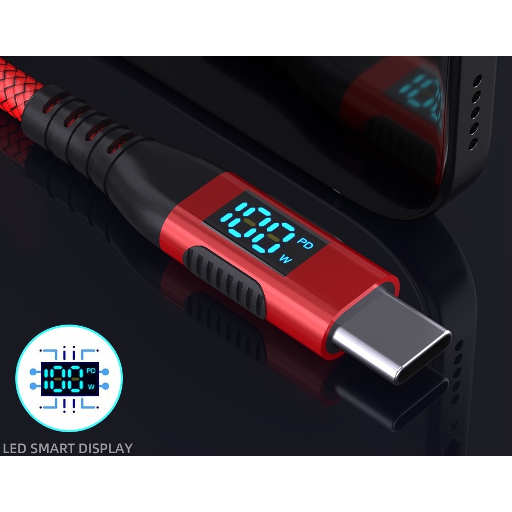Nejlon USB-C / USB-C kijelzőkábellel 1m 100W - piros