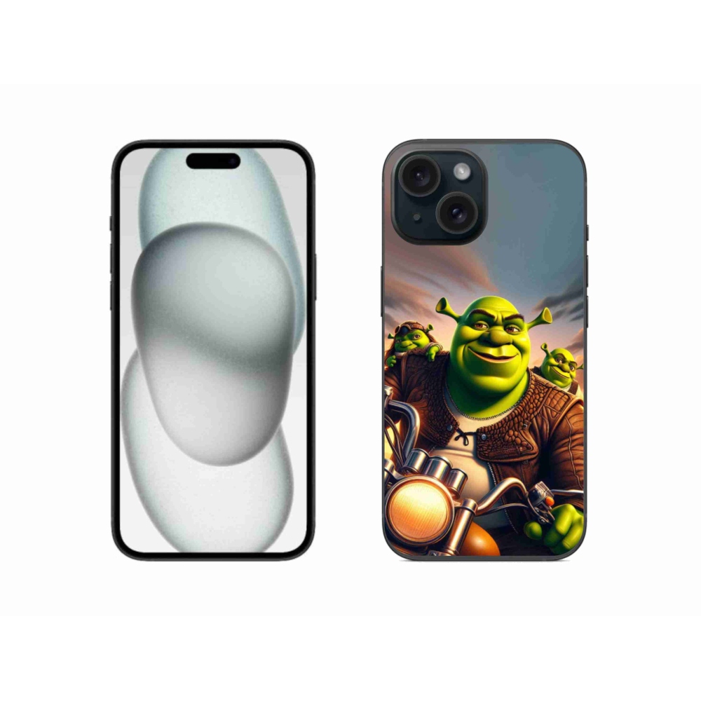 Zselés borítás mmCase iPhone 15 készülékhez - Shrek egy motorkerékpáron