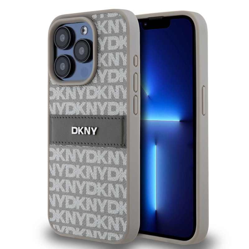 DKNY PU bőr ismétlődő mintás tonális csíkos hátlapi borító iPhone 15 Pro bézs színűhöz