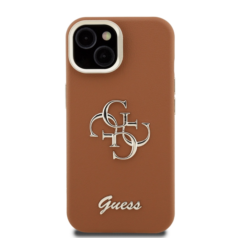 Guess PU szemcsés 4G Logo Stand Kamera keret hátlapi borító iPhone 15-hez Barna barna